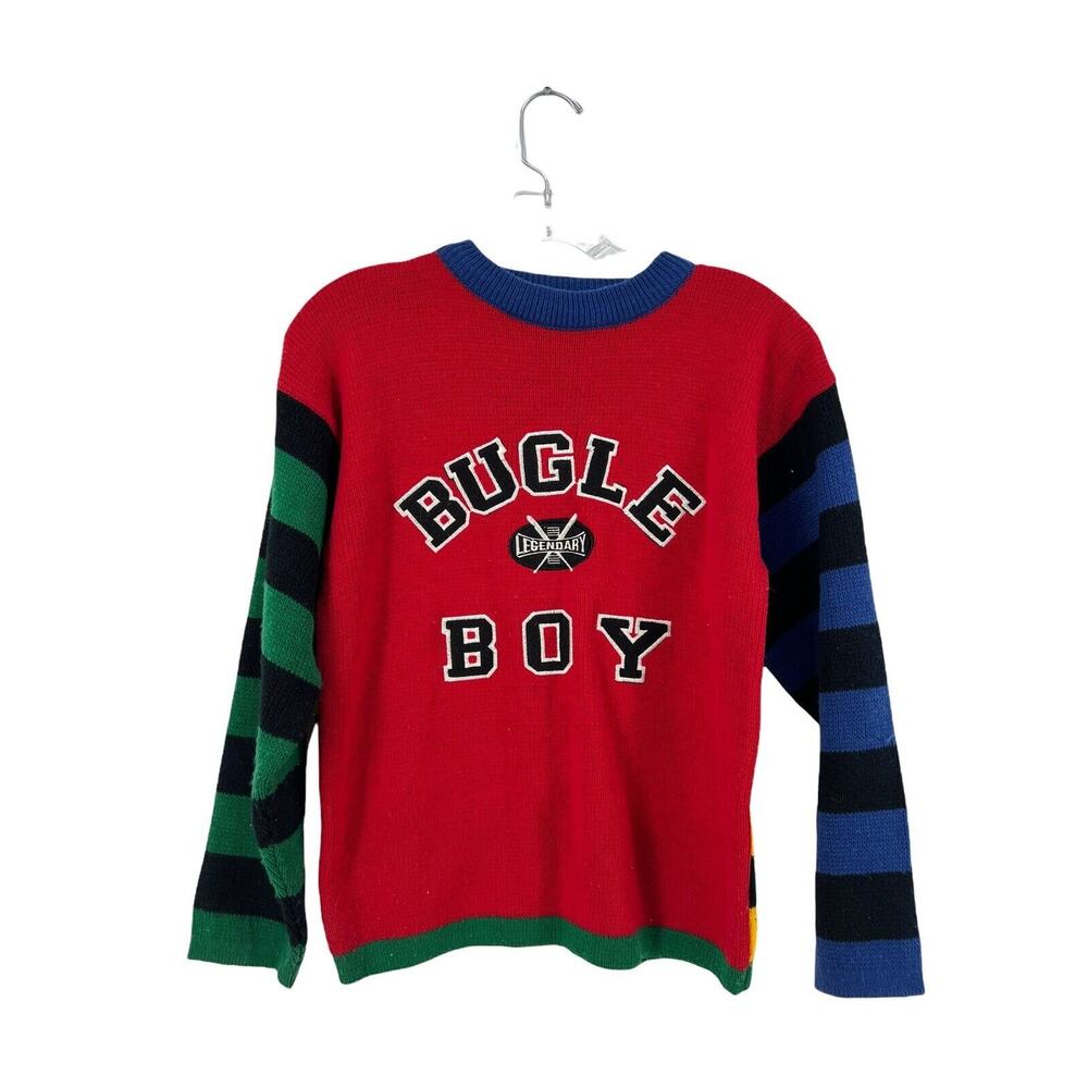 vtg 80s 90s BUGLE BOY sweater M 12 - 14 embroidered patch spell out Striped